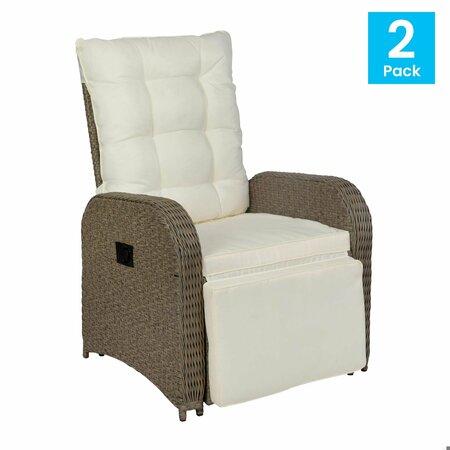 Flash Furniture Nemo Patio Wicker Rattan Recliner Lounge Chairs w/Flip up Side Tables, Beige and Brown, 2PK 2-LTS-0422-BG-BR-GG